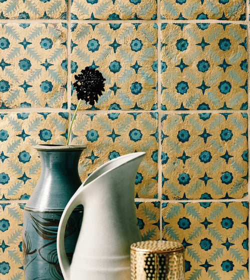 Neisha Crosland Atlas Pine Flower Nile Metallic Kitchen Tiles Neisha Crosland Atlas Pine Flower Nile Metallic Kitchen Tiles