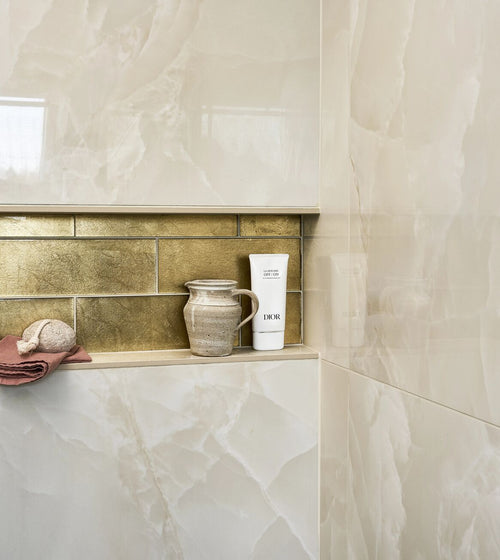 Metallic Vitreum Aurum Rectangle Gold Glass Tile Modern Kitchen Tiles