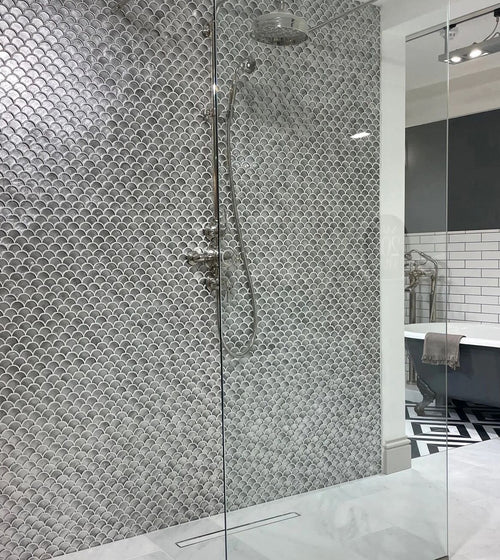 Metallic Vitreum Argentum Fan Silver Glass Tile Kitchen Tiles