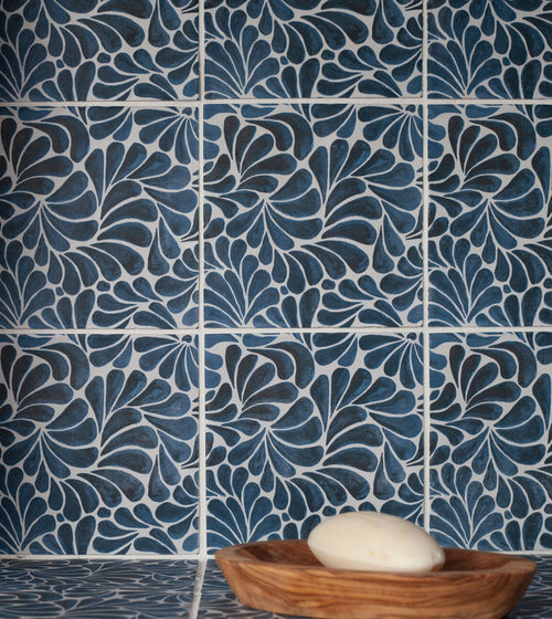 Kelmscott Emery Blue Patterned Tile Blue Kitchen Tiles